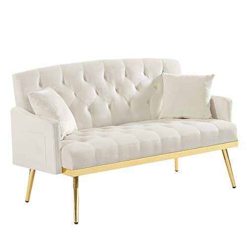 Velvet Loveseat Sofa with 2 Pillows,2-Seater Sofa with Gold Metal Legs & Side Bags,Upholstered Button Tufted Love Seat Couch Comfy 2 Seater Sofa for Living Room Office,Easy Assembly,Cream White