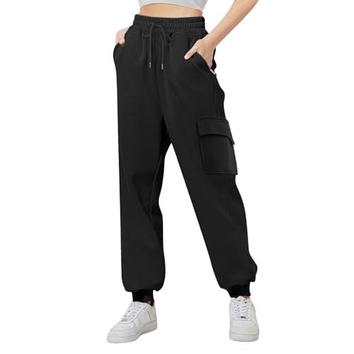 Girls Baggy Cargo Sweatpants Wide Leg High Waist Loose Athletic Kids Joggers Fall Hiking Running (Black, 9-10 Years)