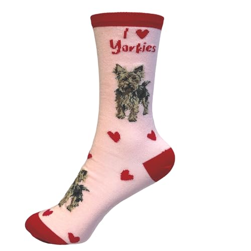 Ladies Dog Lover socks with cute dog image, ‘Love Dogs’ text and hearts design, one size, quality cotton mix, great novelty dog lover gift (Yorkie)