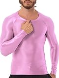 inlzdz Herren Glossy Unterhemd Sportshirt Glänzend Langarm Fitness Gym Training T-Shirt Muskelshirt Achselshirt Yoga Oberteil Langarmshirt Trainingsanzug Rosa M