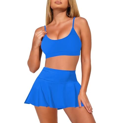 Pink Queen Women's High Waisted Bikini Set Two Piece Swimsuit Scoop Neck Spaghetti Straps Swim Skirt Bathing Suit Small Blue