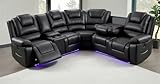 Oxford Leather Electric Recliner Corner Sofa with Cupholders - USB Charging Ports - LED Lights – Leather Corner Sofa (Black)