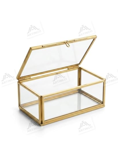 Image of Art India Collections Rectangular Glass Jewelry Box in Brass 5x3x2 Inches