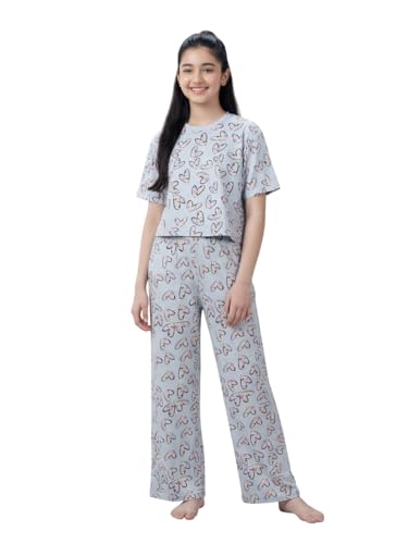 Image of Li'l Tomatoes Girls Cotton Night Suit Set | 100% Cotton Summer Co-Ord Set | Half Sleeve T-Shirt & Full Length Pajama | Soft & Breathable Printed Clothing Set | 9-16 Years