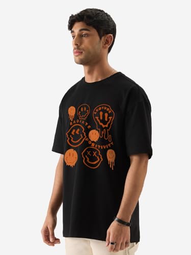 Image of LEOTUDE Men Half Sleeve Round Neck Graphic Printed Cottonblend Oversized Tshirts (Colour: 1Black)