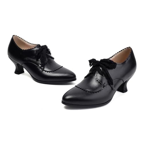 Zapatos de tacón Grueso para Mujer Estilo con Ribete de Encaje (Black 43)