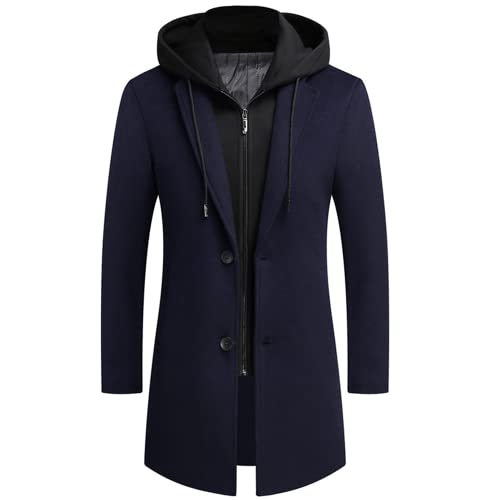 OHXSM Abrigo de lana para hombre, acolchado grueso, con capucha desmontable, chaqueta de montaña de forro polar para hombre, chaqueta resistente al viento, gabardina de invierno, abrigo de lana