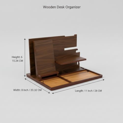 Image of Executive Wooden Docking Station for Men | Mobile, Glasses & Wallet Organizer with Key Hooks and Accessory Tray, Luxury Desk & Bedside Table Stand | Size: 11 x 8 x 6 Inch