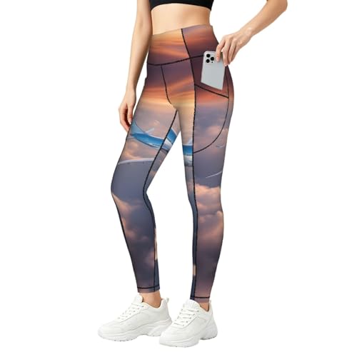 Conjunto de leggings con estampado de avión cielo y bolsillos para fitness de mujer