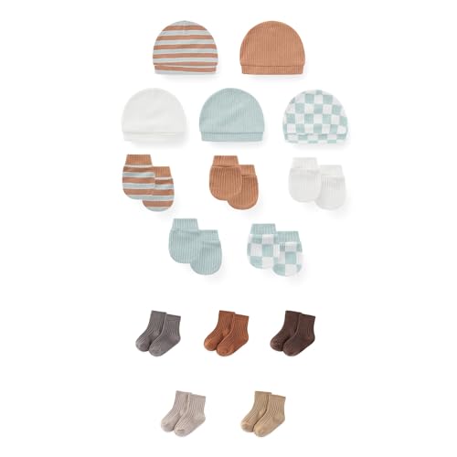 Image of JELYLOVE 15 Pack Unisex New Born Boy Girls No Scratch Mittens Sets Cotton Soft Baby Gloves Hats socks Accessory 0-6 Months