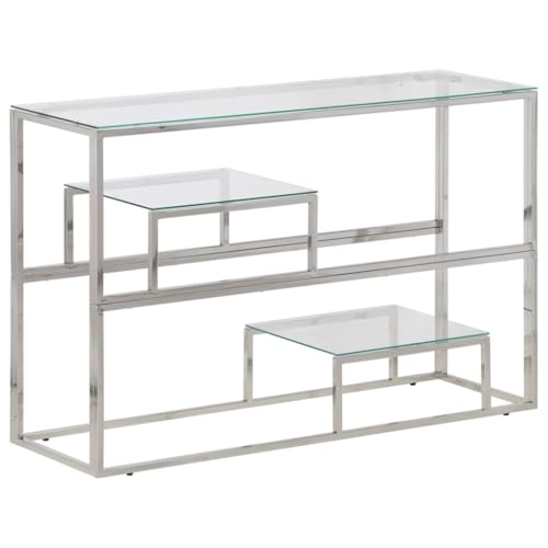 vidaXL Table Console, Table d'Appoint avec Étagère, Bout de Canapé, Meuble de Couloir Salon Entrée, Argenté Acier Inoxydable et Verre Trempé