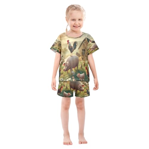Rooster Farmhouse Pajama Set Short Sleeve PJ Set Cotton Summer Pajamas Sleepwear Soft 5Y3