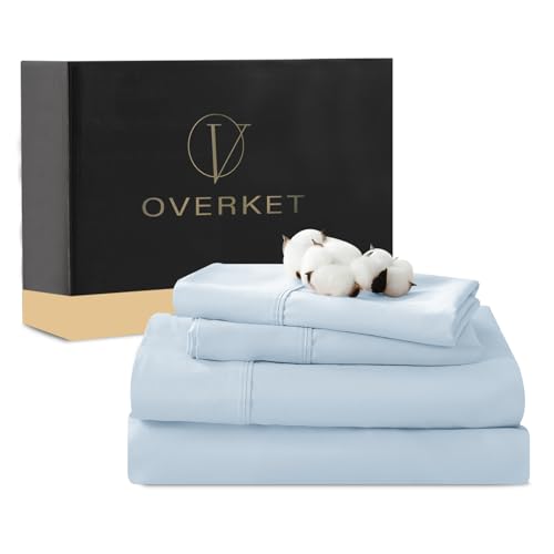 Image of 1000 Thread Count Egyptian Cotton Sheets Queen Size Set 4PCS Sateen Weave Soft Breathable 16-Inch Deep Pocket（Queen,Light Blue）