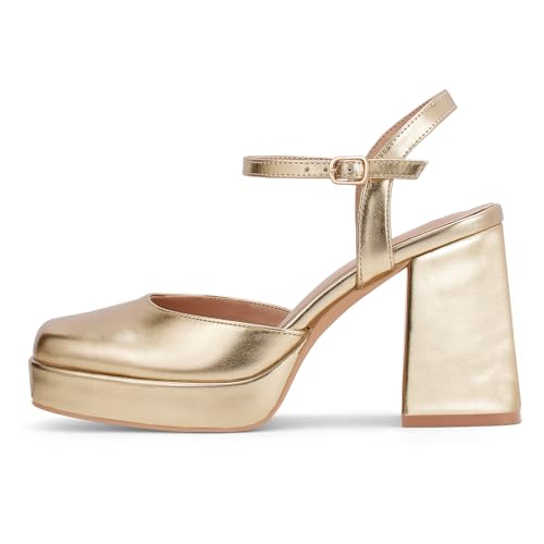 GENSHUO Women's Platform Chunky Heel Pumps - 4 Inches Closed Square Toe Heels with Ankle Strap Dress Wedding Party Shoes2