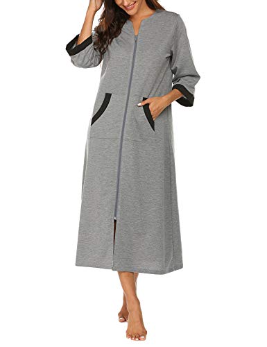 Image of Ekouaer Women Zipper Robe 3 /4 Sleeves Loungewear Dress Full Length Sleepwear Pockets Housecoat Nightgown Long Bathrobe