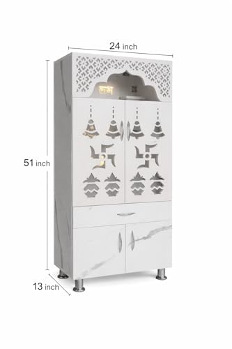 Image of Home Temple Pooja Mandir with LED Light, White Engineered Wood, Traditional Indian Style, 51x24x13 Inch, Om Symbol Design