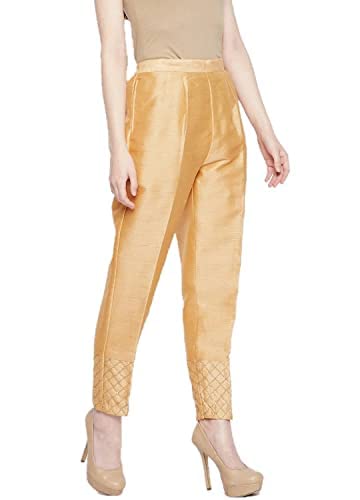 Womens Silk Gold Stripe Embroidery Regular FIT Pants Trousers L GOLDAN