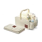 Cloud Nest Baby Diaper Caddy Organizer With Portable Changing Mat, LED Night Light, Wooden Handle & Shoulder Strap - Stylish Nursery Basket With Dividers - Newborn Essentials