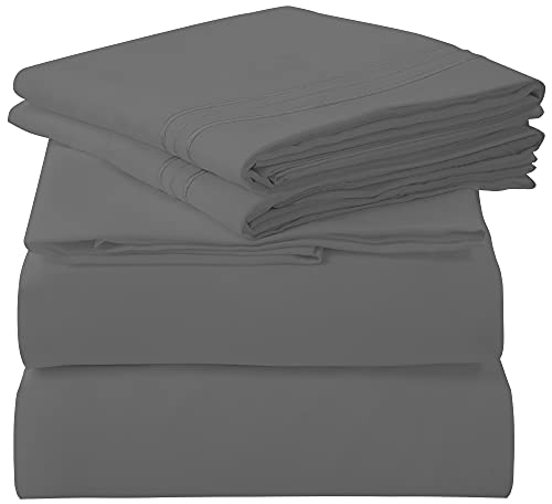 Royale Linens - 4 Piece Full Bed Sheet - Soft Brushed Microfiber 1800 Bedding Set - 1 Fitted Sheet, 1 Flat Sheet, 2 Pillow Case - Wrinkle & Fade Resistant Luxury Full Size Sheet Set (Full, Grey) #TOP4