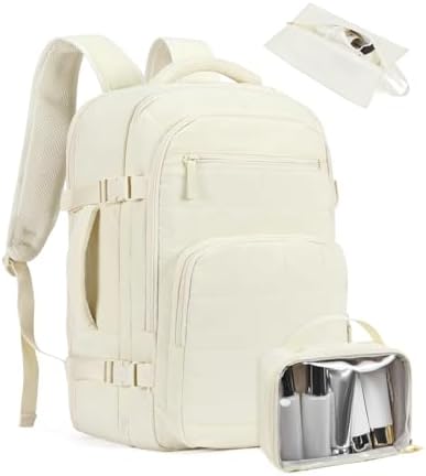 Telena Travel Backpack Carry on Flight Approved, 17.3 inch Laptop Quilted College Bookbag Personal Item Travel Bags for Women Beige