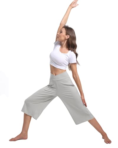 Image of Kivdol 3 Pack Womens Wide Leg Yoga Capris Crossover High Waist Casual Capri Pants Loose Soft Pajama Pockets Sweatpants