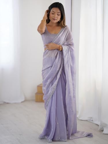 Image of AKHILAM Women's Shimmer Tissue Embroidered Saree With Unstitched Blouse Piece