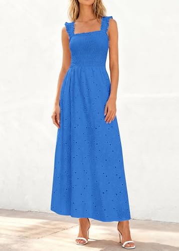 Image of KIRUNDO Summer Lace Dress for Women Eyelet Maxi Sundress | Boho Sleeveless Cotton Flowy Long Dresses, Wedding Guest, Beach Vacation, Baby Shower Guest Dress, Smocked Bust, With Pockets