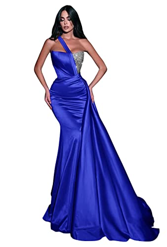 Qqcute Satin Mermaid Prom Dresses One Shoulder Long Sequin Formal Evening Gowns For Women Wedding Party Dresses(Royal Blue,Us4) #TOP23
