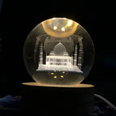 Image of 3D Crystal Ball Night Light with Wooden Base, Aesthetic Clear LED Lamp for Home and Bedroom Touch Switch, Warm Light for Kids and Teens Perfect Birthday & Anniversary (Taj Mahal)