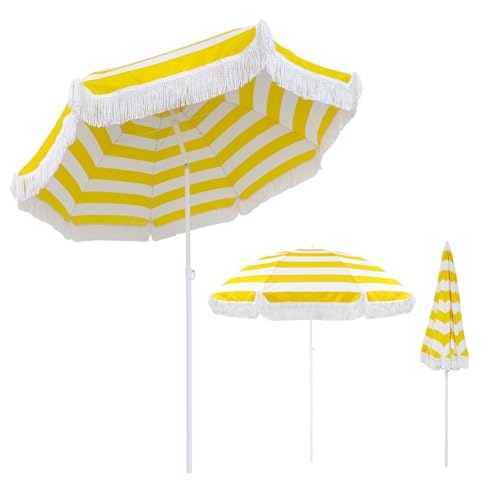 Sonnenschirm Mit Fransen - 180cm Strandschirm Gelb Gestreift für Balkon, UV Schutz Gartenschirm Wasserdicht Mit Neigung, Tragbarer Marktschirm für Terrasse und Pool