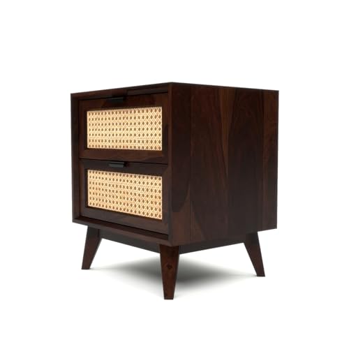 Image of Sheesham Wooden Bedside Table for Bedroom | Wooden Bed Side Nightstand Lamp Table with Drawer Storage for Home & Hotels | Solid Wood Bedside End Table in Rattan- Walnut Finish