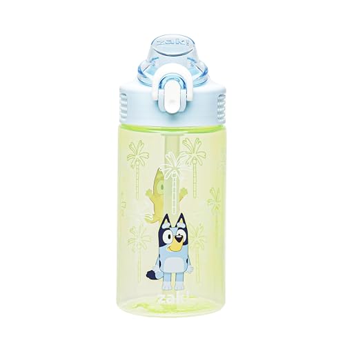 Zak Designs Bluey Sage Kids Water Bottle For School or Travel, 16oz Durable Plastic Water Bottle With Straw, Handle, and Leak-Proof, Pop-Up Spout Cover (Bluey & Bingo)