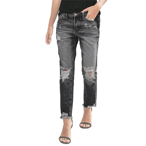 Jeans Rotos para Mujer, Moda para Mujer, Jeans Boyfriend, elásticos, Rotos, Desgastados, Pantalones de Mezclilla Gris Oscuro, Talla pequeña