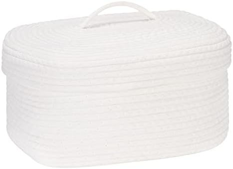 Sea Team Oval Cotton Rope Storage Basket with Lid, Lidded Woven Storage Bin, Nursery Storage Container, Diaper Caddy, Baby Shower Basket, Box, Organizer, 15 x 11 x 6.5 Inches (Medium, White)