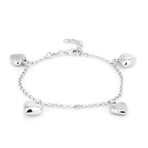 Vanbelle Sterling Silver Jewelry - Valentine Gift - Rhodium Plating Dangling Puffed Heart Charm Bracelets For Women And Girls - 6.5" Long With 1" Extender - Versatile Bracelet For Everyday Use #TOP16