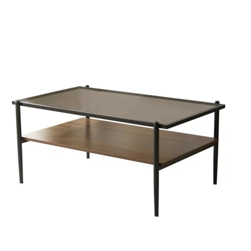 センターテーブル 収納付き ローテーブル 二段 強化ガラス 防水 耐汚 耐荷重 透明 おしゃれ リビング 一人暮らし ガラス天板 スチール脚 (ブラウン)