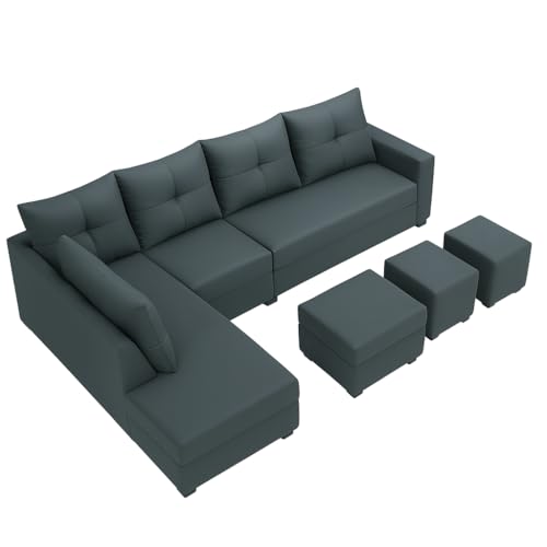 Image of SOCOZI Oriana 8 Seater LHS L Shape Sofa Set | Velvet Suede Fabric L Shape Sofa for Livingroom with 2 Ottoman & Centre Table | (Dark Grey)