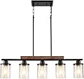 Feohak Dining Room Light Fixture,5-Light Kitchen Island Lighting Farmhouse Chandelier,Matte Black Metal Wood Industrial Pendant Lighting,Modern Dining Table Lights