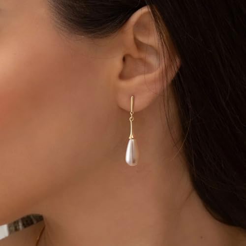 Pearl Earrings: 14k Gold-plated Dainty Pearl Drop Dangle Huggie Hoop Earrings for Women2