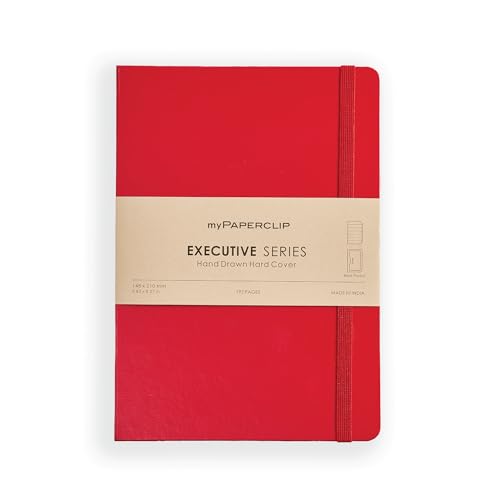 Image of myPAPERCLIP Executive Series A5 Ruled Notebook | 192 Pages, 80 GSM, Hard Cover, A5 (5 .83 x 8.27 in) | Flat Lay | Bookmark, Elastic Closure & Back Pocket | Red