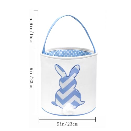 Image of Easter Bunny Baskets, Easter Egg Hunt Bunny Bags Little Baskets with Fluffy Tail Canvas Cotton Rabbit Handbag Bucket Tote Bag for Kids Girls (Wave Pattern,Blue)
