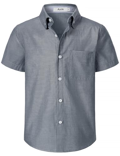 AOTIK Boys Oxford Button Down Shirt Short Sleeve Formal Uniform Dress Shirts with Pocket 12 Dark Gray