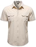 JEMITOP Mens 4-Way Stretch Lightweight Outdoor Shirt Meshed Back-Vent Short Sleeve Button Down Work Shirts with Pockets for Fishing Safari Camping Hiking Beige L