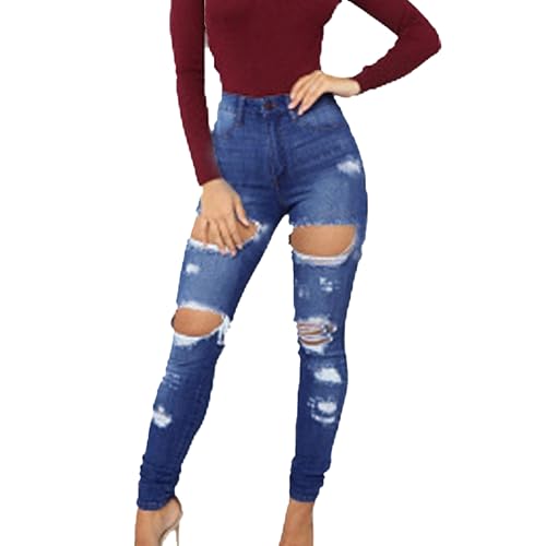 Jeans skinny ragged stretch pour femme taille haute en denim cassé