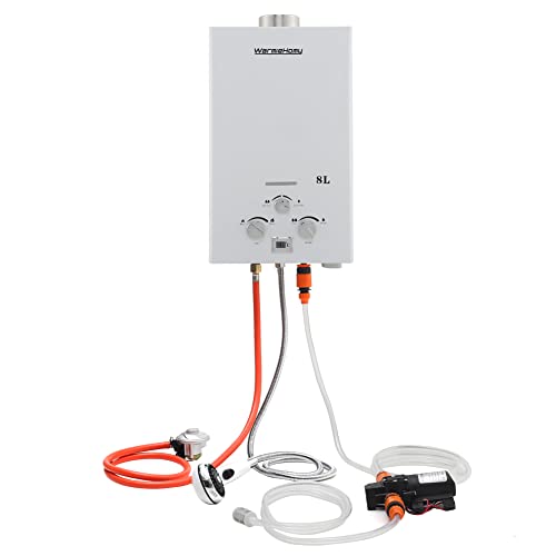 Warmiehomy Gas Water Heater 8L Instant Gas Water Heater with 12V Water Pump Propane Portable Camping Shower for Outdoor Camping RV Trip Horse Washing