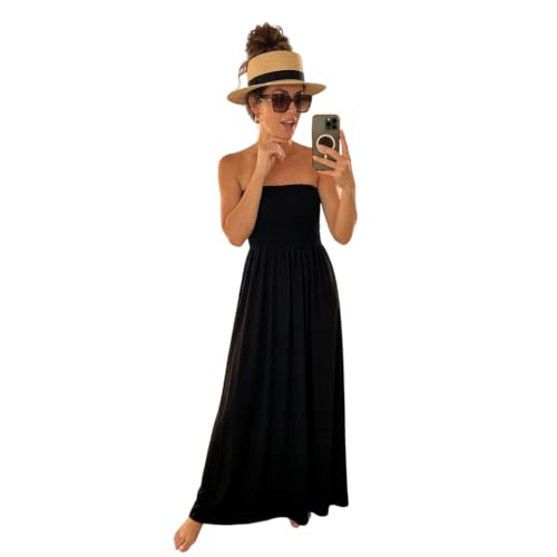 Image of HUBIBUBI Women's Sleeveless Printed or Plain Bandeau Sheering Maxi Long Dress – Lightweight Strapless Summer Sundress, Sizes 8-26 (UK, Numeric, 12, 14, Regular, Regular, Black)