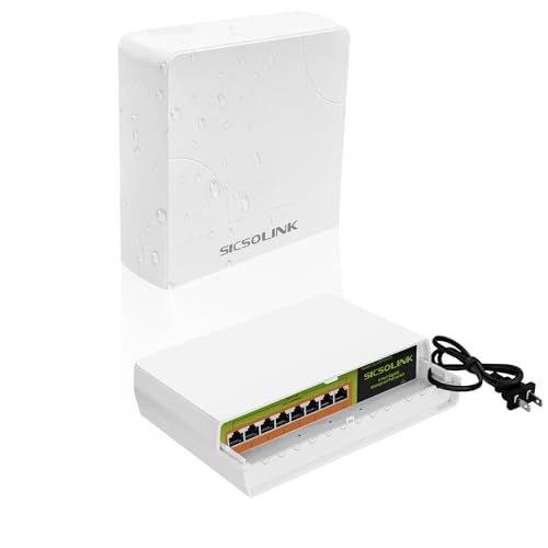 SICSOLINK 8-Port Gigabit PoE+ Switch Outdoor IP65 Waterproof 120W Total Power 30W/Port IEEE 802.3af/at Unmanaged Plug & Play Wall/Pole Mount for IP Cameras/AP