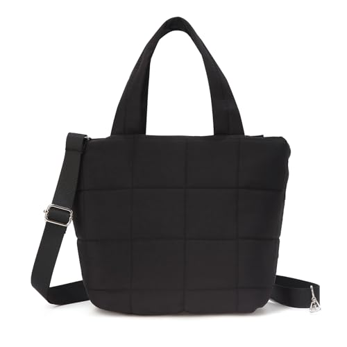 Puffer Mini Tote Bags with Zipper Small Quilted Crossbody Bags for Women Nylon Shoulder Purse Handbag with Adjustable Strap,Black