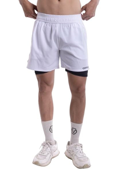 Image of COITONIC 2 in 1 Active Dual Black Shorts with Inner Tights Layer | Men's Double Layer Short for Running, Gym & Sports