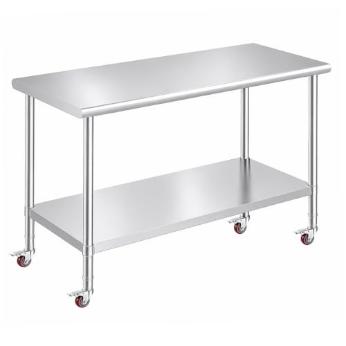 Image of OSTBA Stainless Steel Table for Prep & Work 30x60 Inches with Casters Wheels, NSF Metal Commercial Heavy Duty Table with Adjustable Undershelf for Restaurant Kitchen Home and Hotel